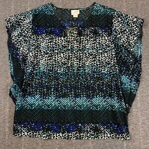 Jaclyn Smith Collection Womens Large Blouse Black & Blue Abstract Short‎ Sleeve